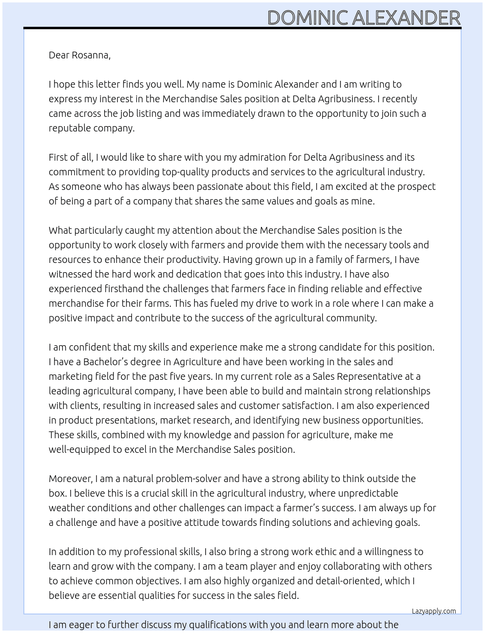 Merchandise Sales At Delta Agribusiness Cover Letter