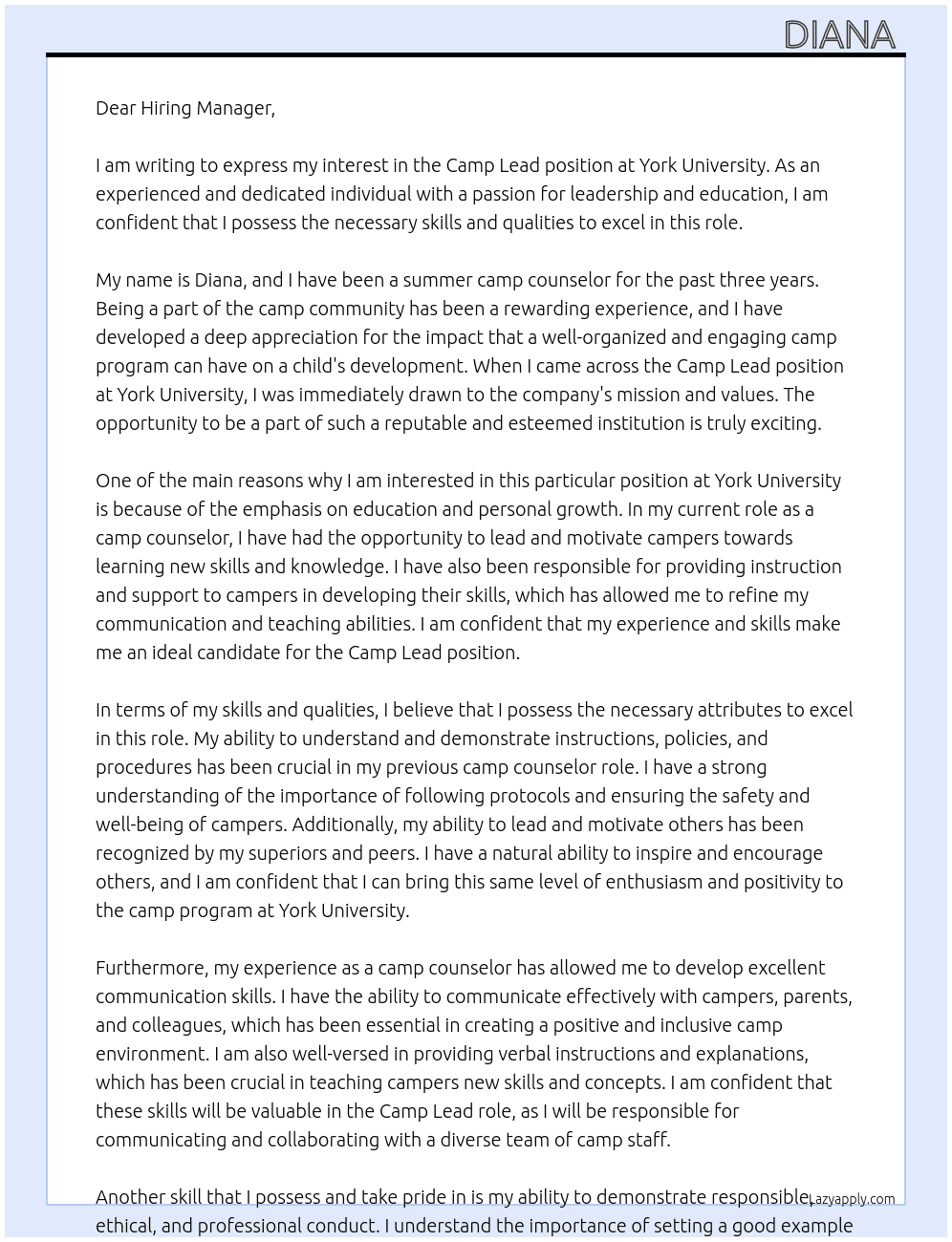 Camp Lead At York University Cover Letter