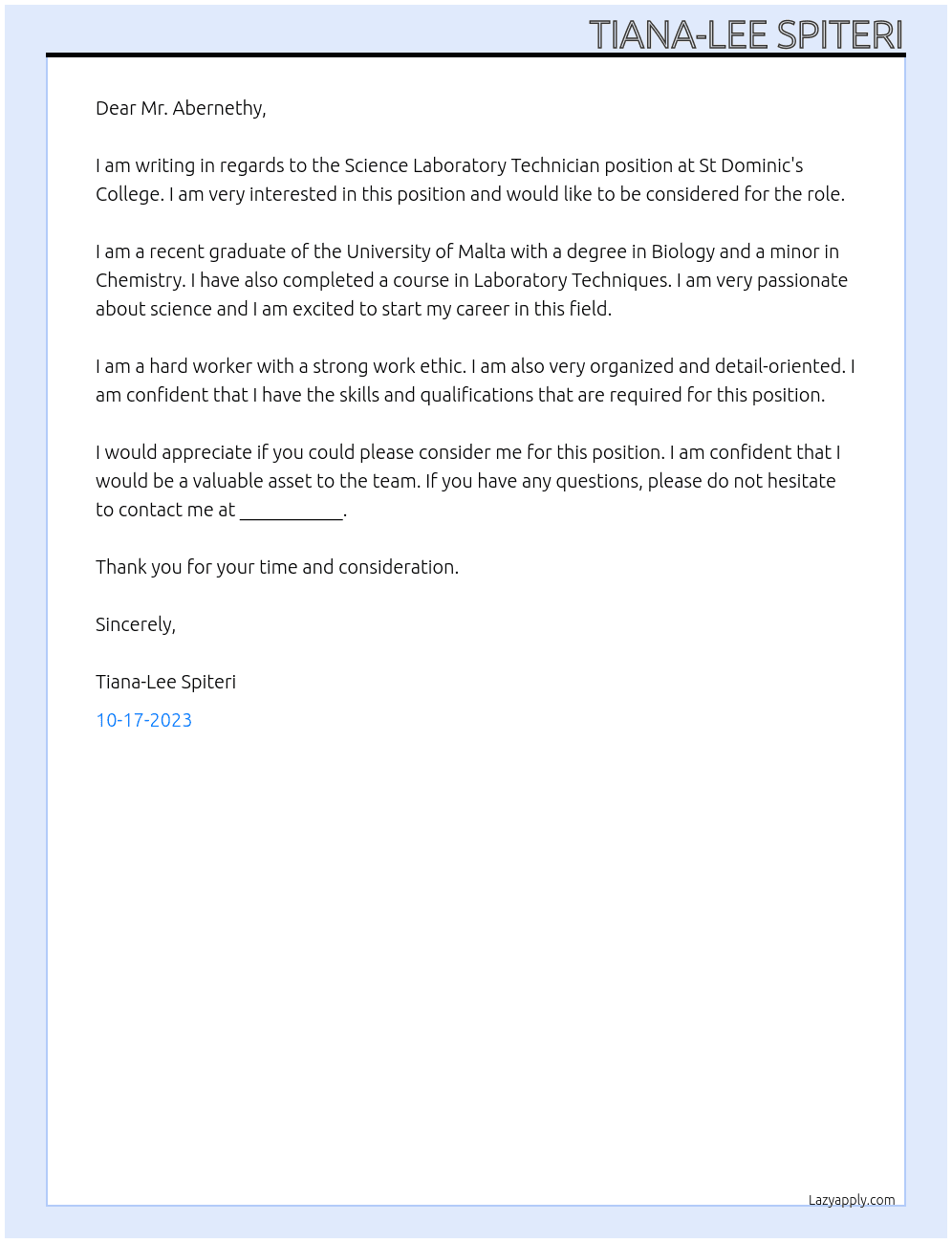 Science Laboratory Technician At St Dominic's College Cover Letter