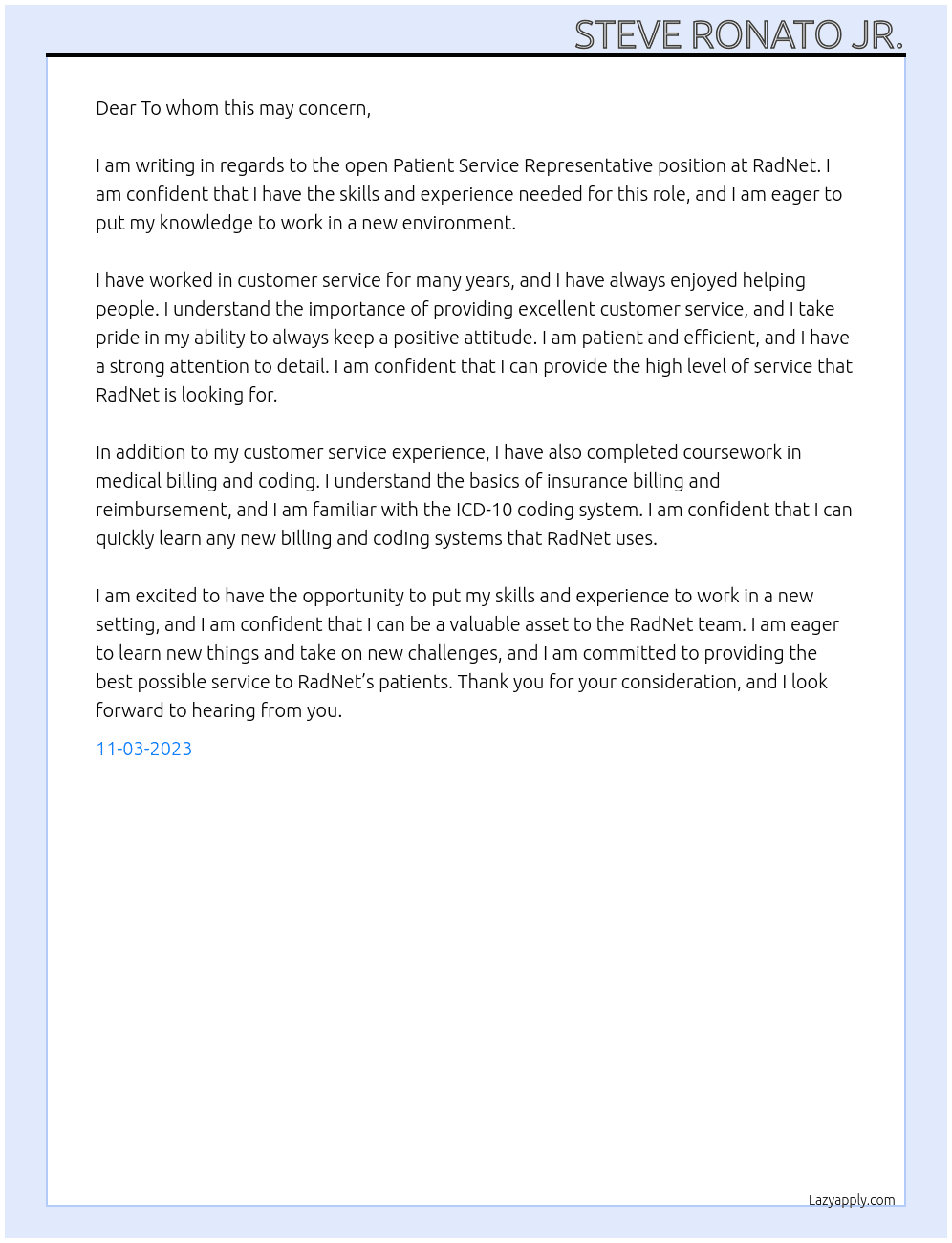 Patient Service Representative At RadNet  Cover Letter