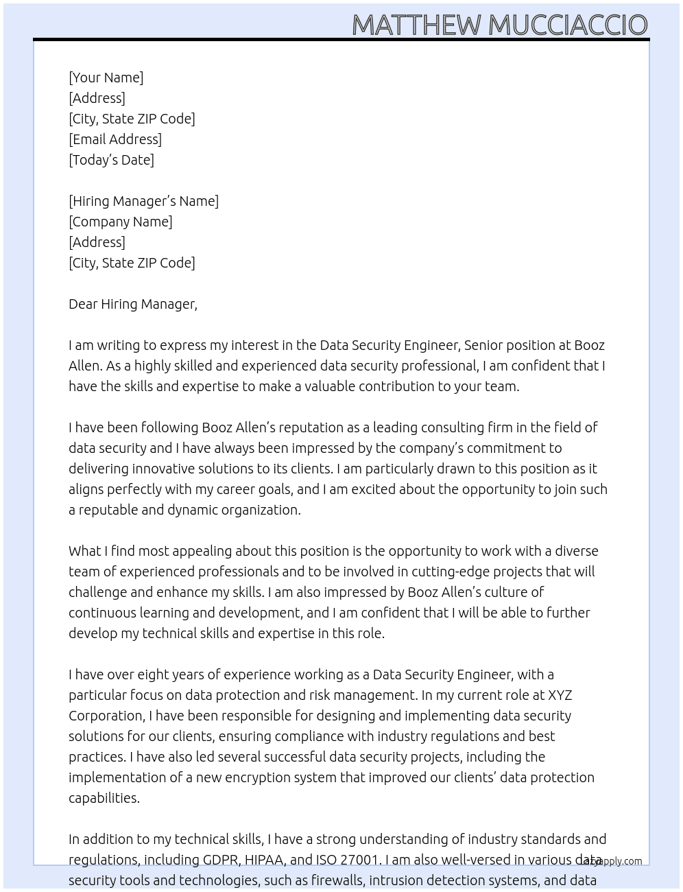 Data Security Engineer, Senior At Booz Allen Cover Letter