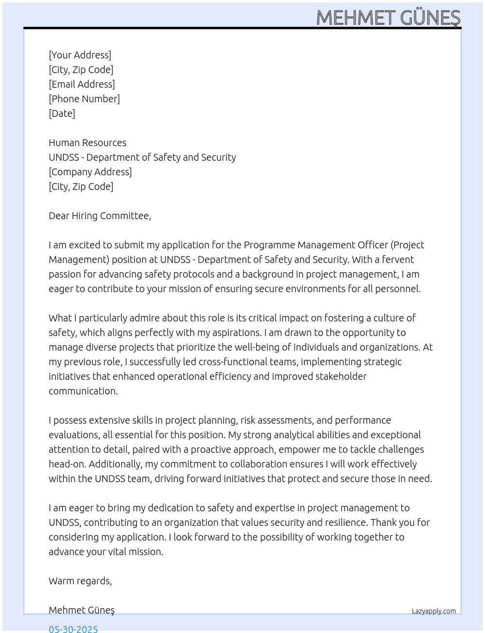 PROGRAMME MANAGEMENT OFFICER (Project Management) At UNDSS - Department of Safety and Security Cover Letter