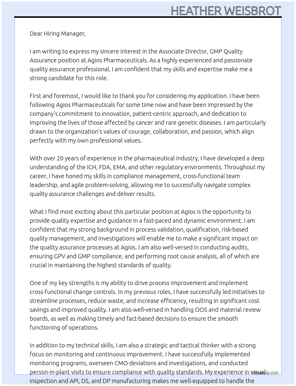 Associate Director, GMP Quality Assurance At Agios Pharmaceuticals Cover Letter