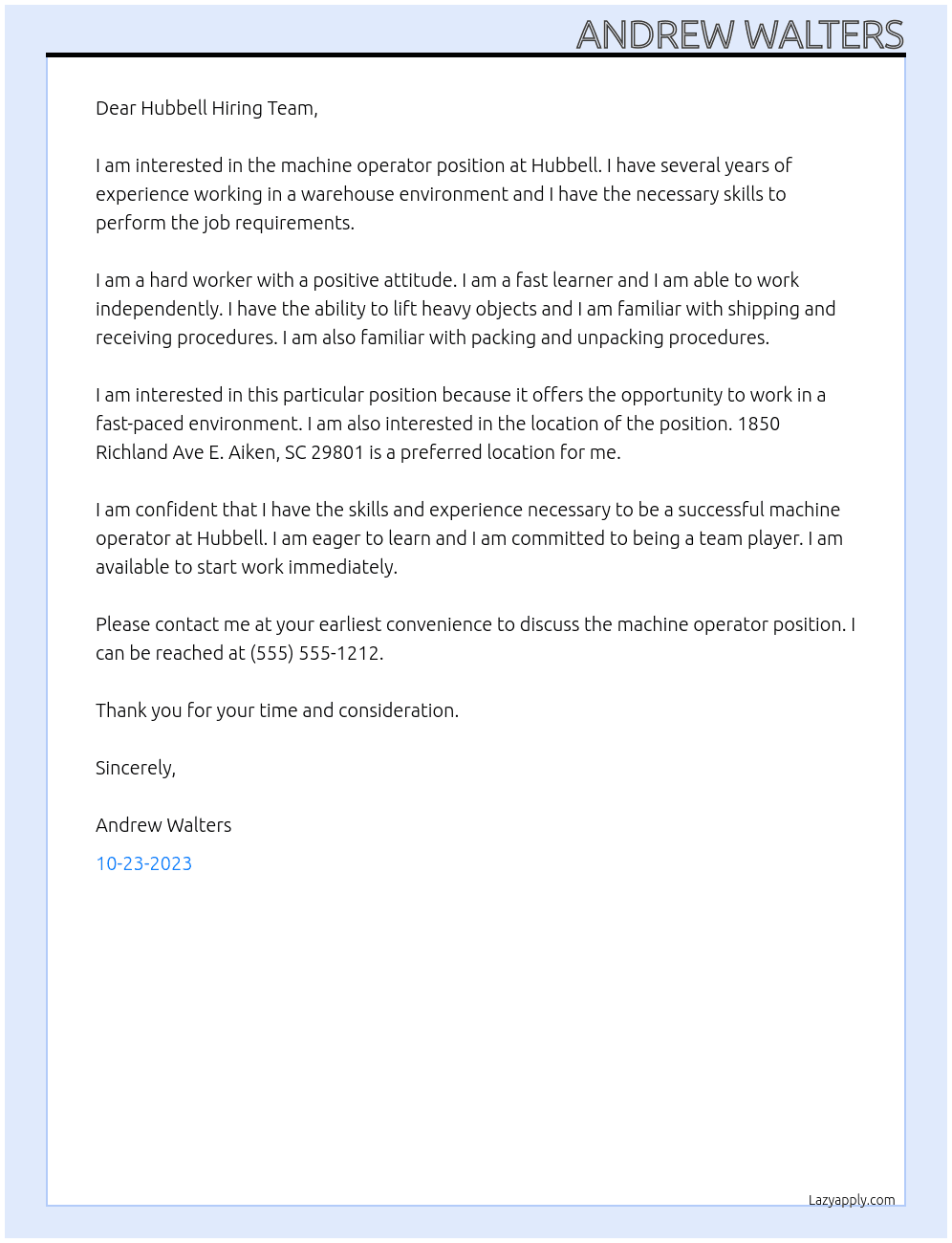 Machine Operaptr At Hubbell Cover Letter
