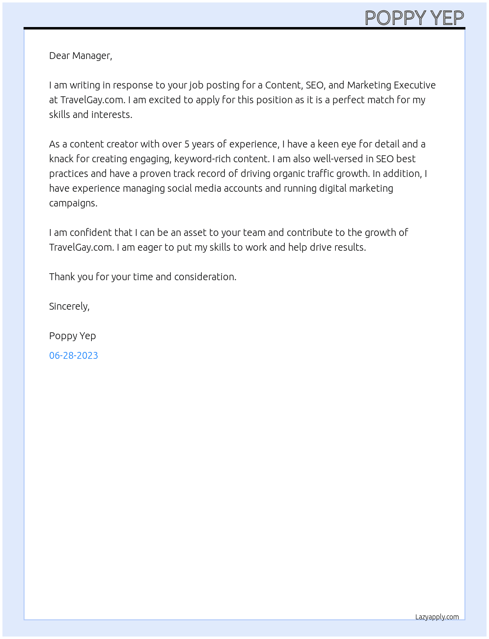 Content, SEO, and Marketing Executive At TravelGay.com Cover Letter