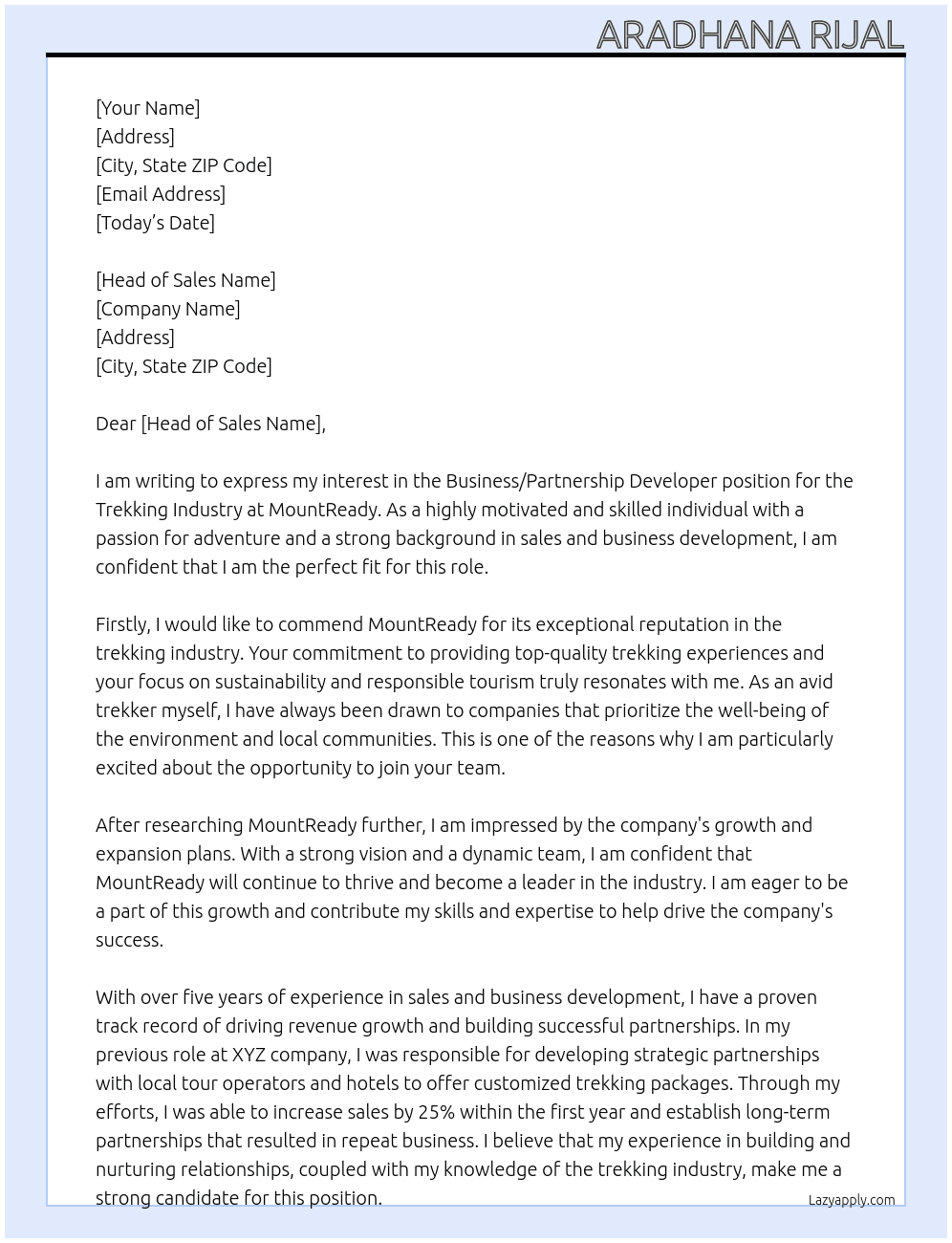  Business/Partnership Developer for Trekking Industry At MountReady Cover Letter