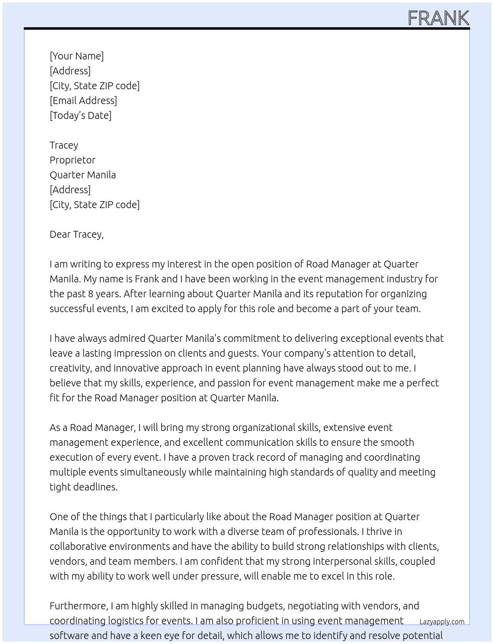 Road Manager At Quarter Manila Cover Letter
