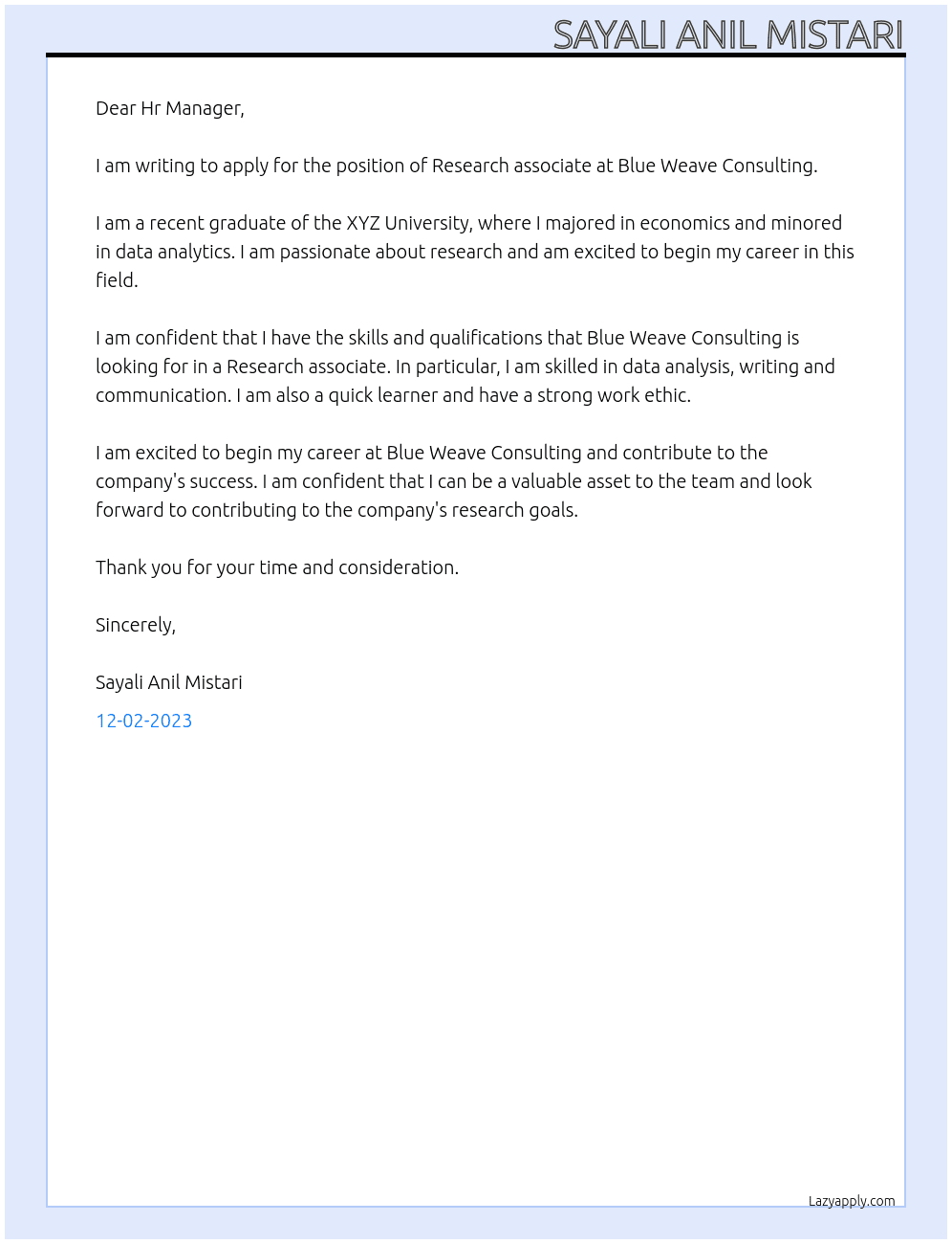 Research associate At Blue Weave Consulting Cover Letter