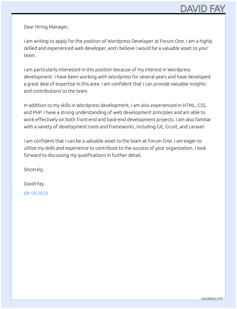 Wordpress Developer At Forum One Cover Letter