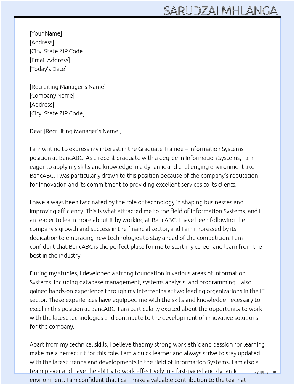 Graduate trainee-Information Systems  At BancABC  Cover Letter