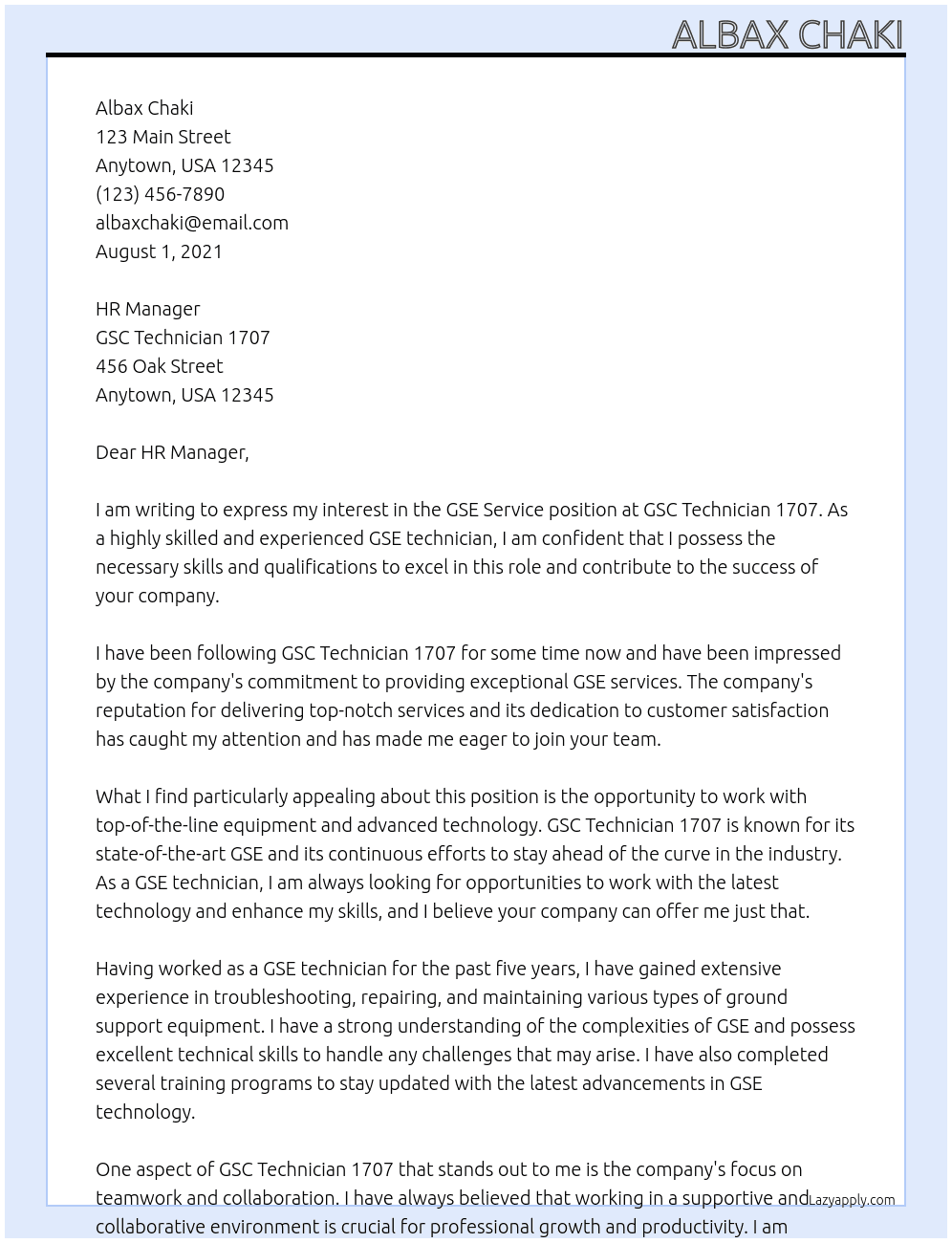 GSE Service  At GSC technician 1707 Cover Letter