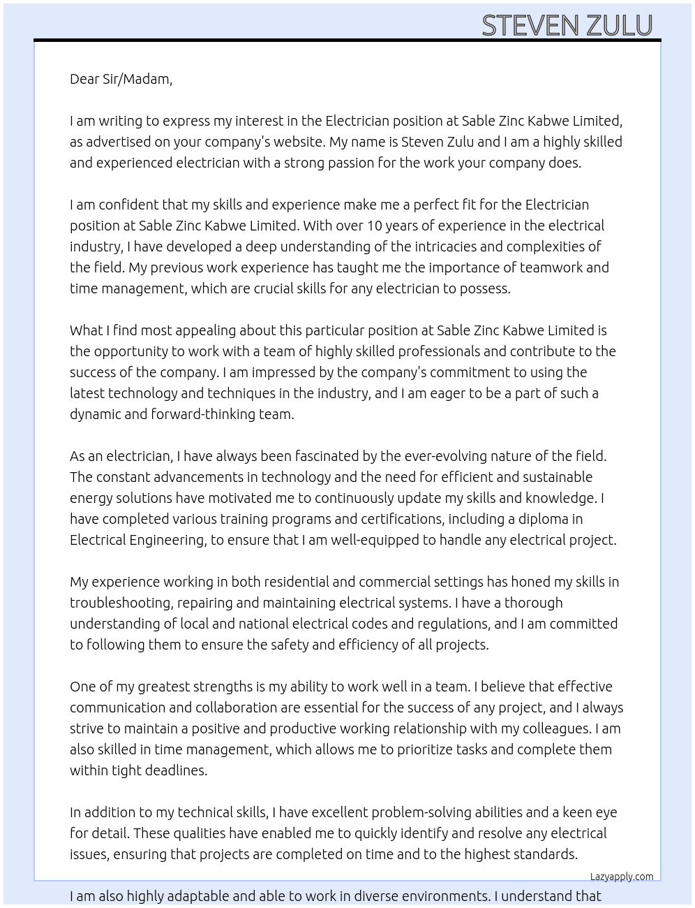 Electrician  At Sable zinc kabwe limited  Cover Letter