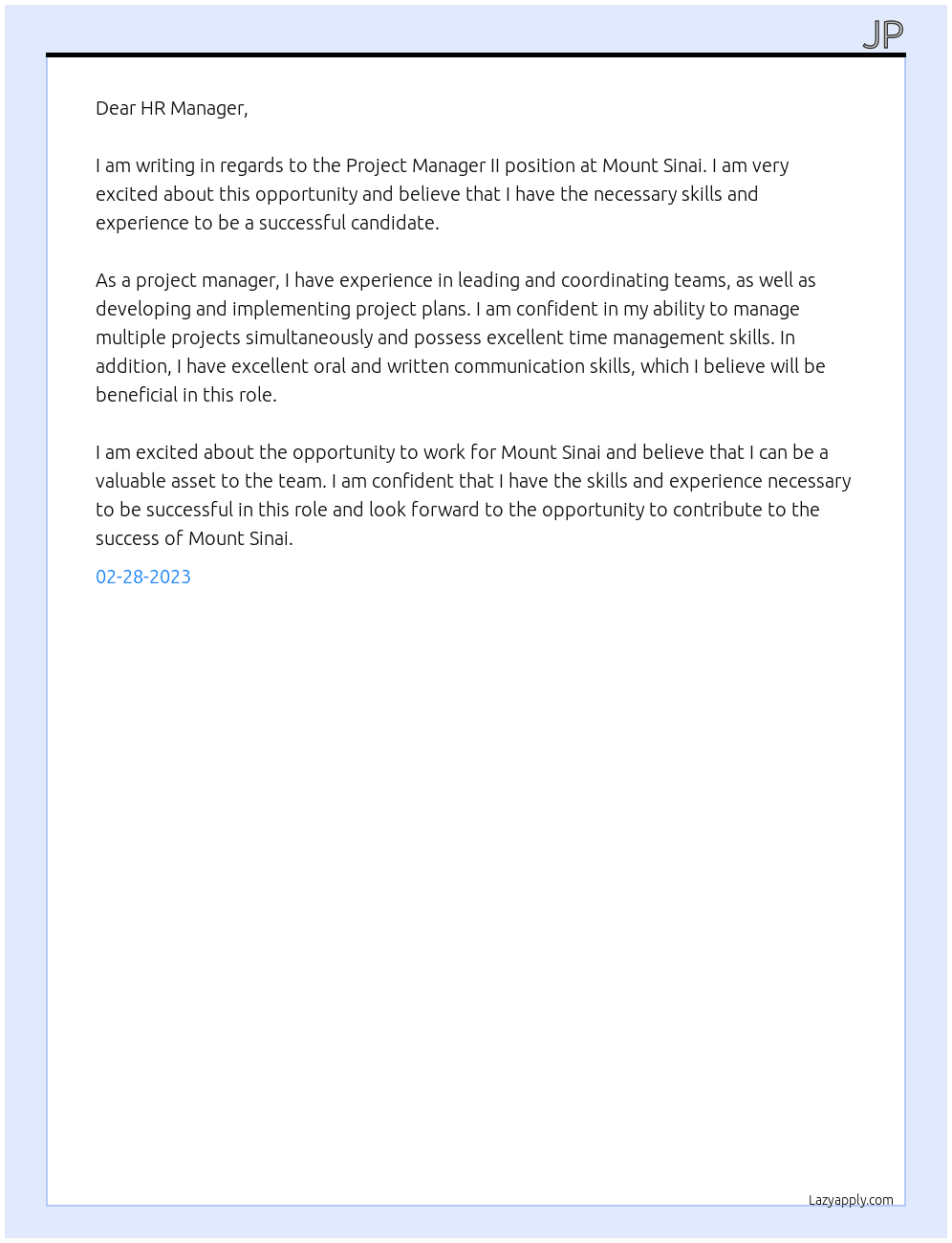 Project Manager II At Mount Sinai Cover Letter