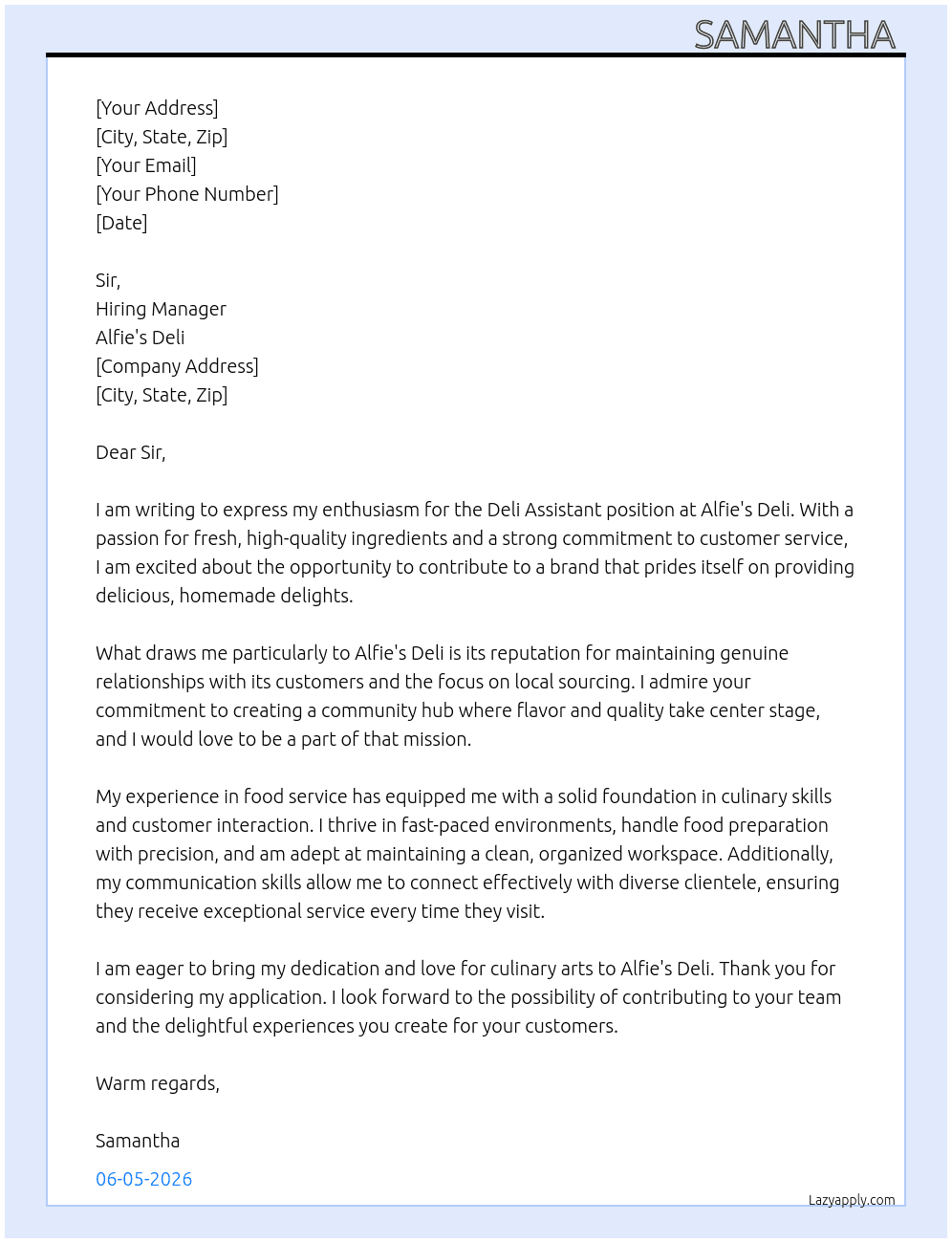 Cover letter for deli assistant - LazyApply