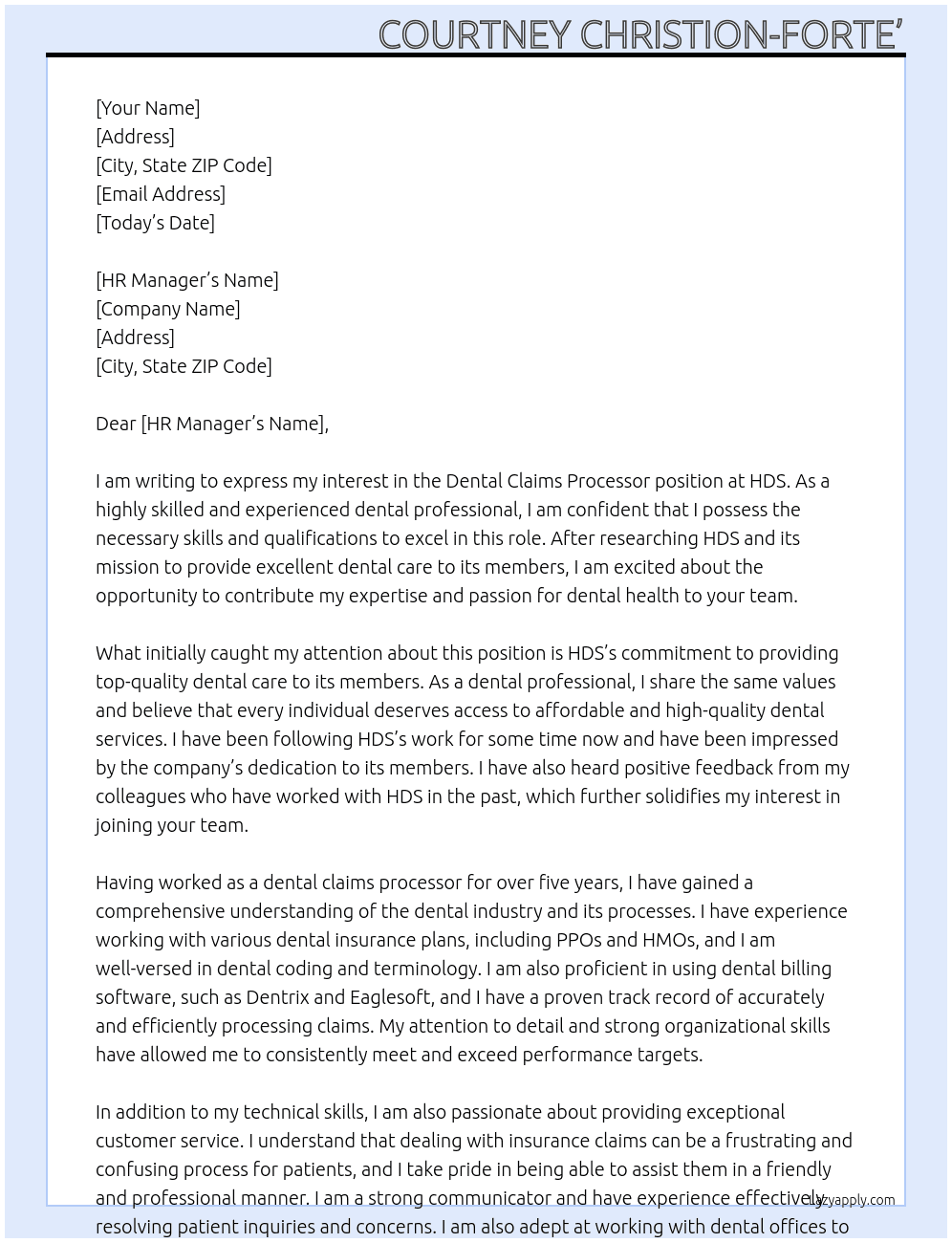 Dental Claims Processor  At HDS Cover Letter