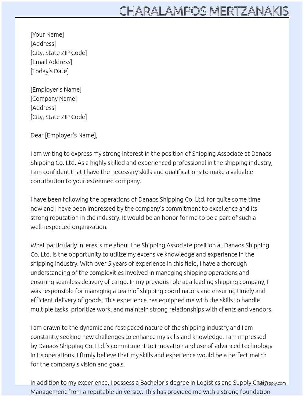 Shipping associate At Danaos Shipping Co. Ltd Cover Letter