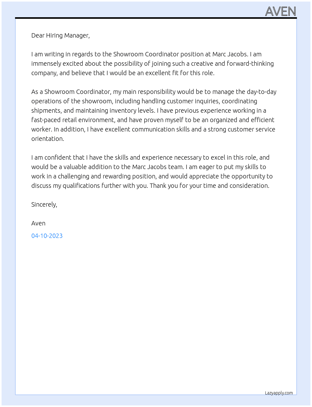 Showroom Coordinator At Marc Jacobs Cover Letter