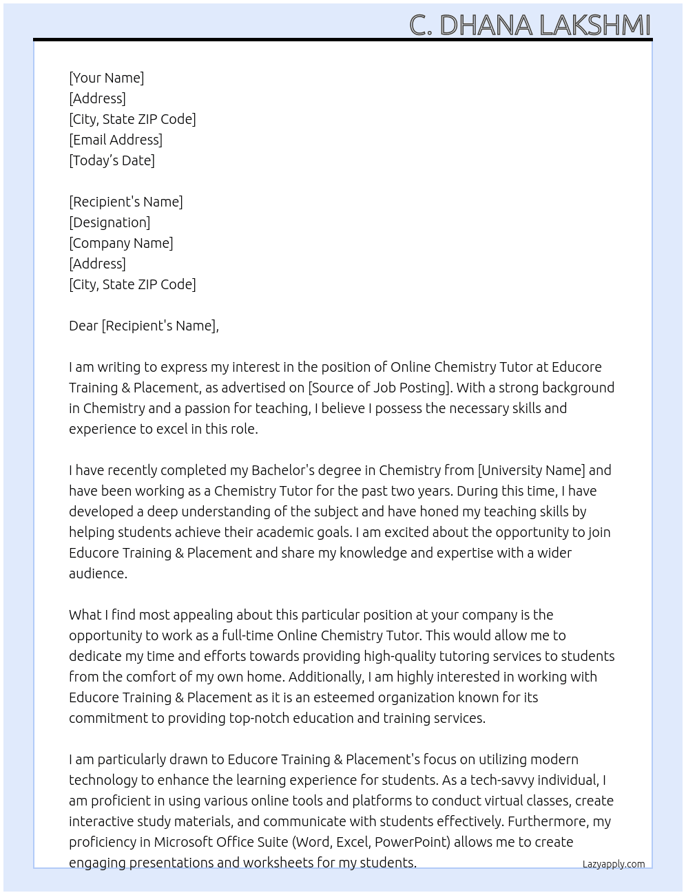 online chemistry tutor At Educore Training & placement Cover Letter