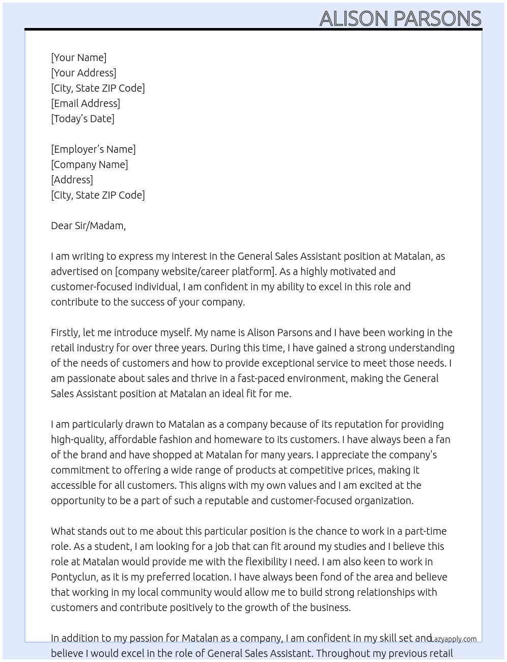 General Sales Assistant At Matalan Cover Letter