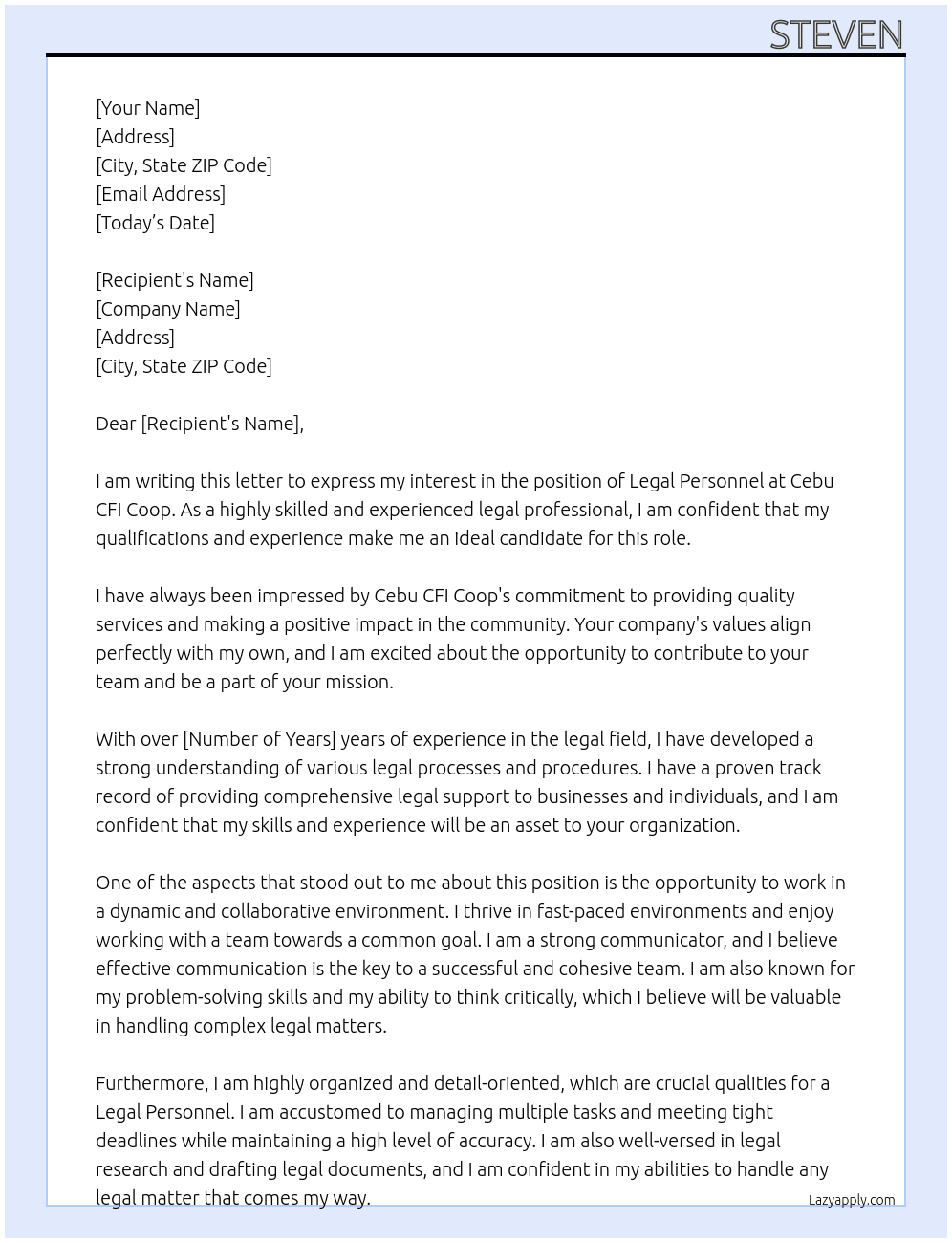 legal personnel At Cebu CFI Coop Cover Letter