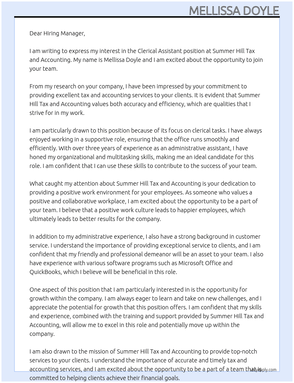 Clerical Assistant At Summer Hill Tax and Accounting Cover Letter