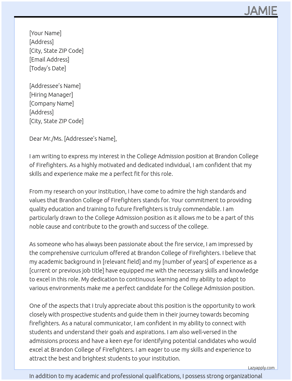 College Admisson At Brandon College of Firefighters  Cover Letter