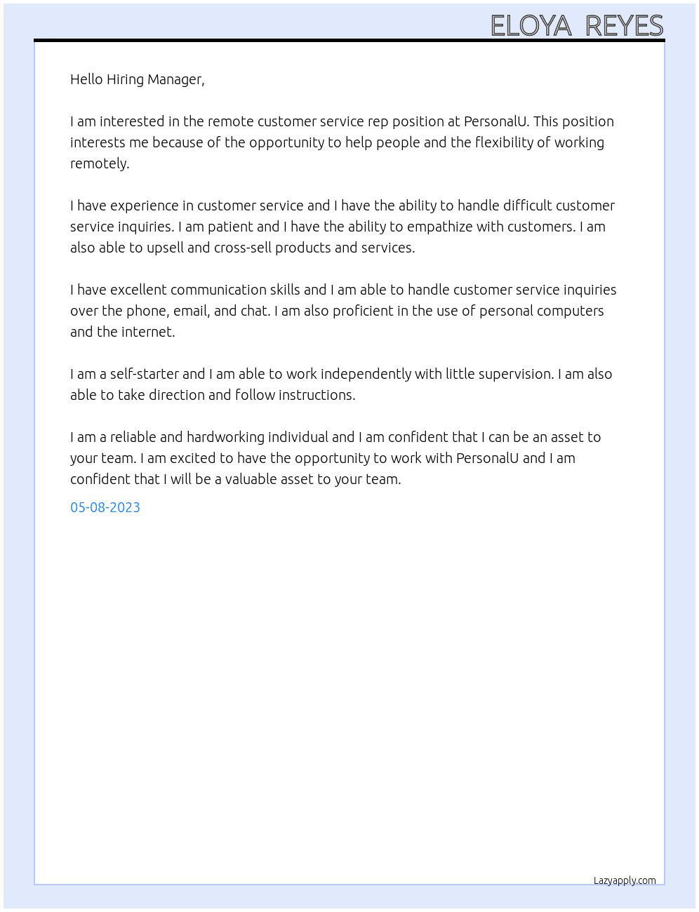 Remote Customer Service Rep At PersonalU Cover Letter