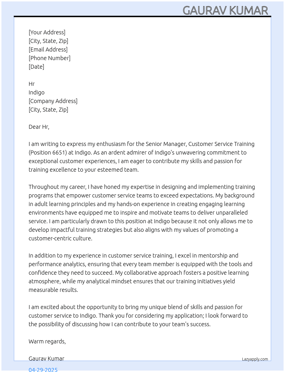 Cover letter for senior manager customer service training,6651 - LazyApply
