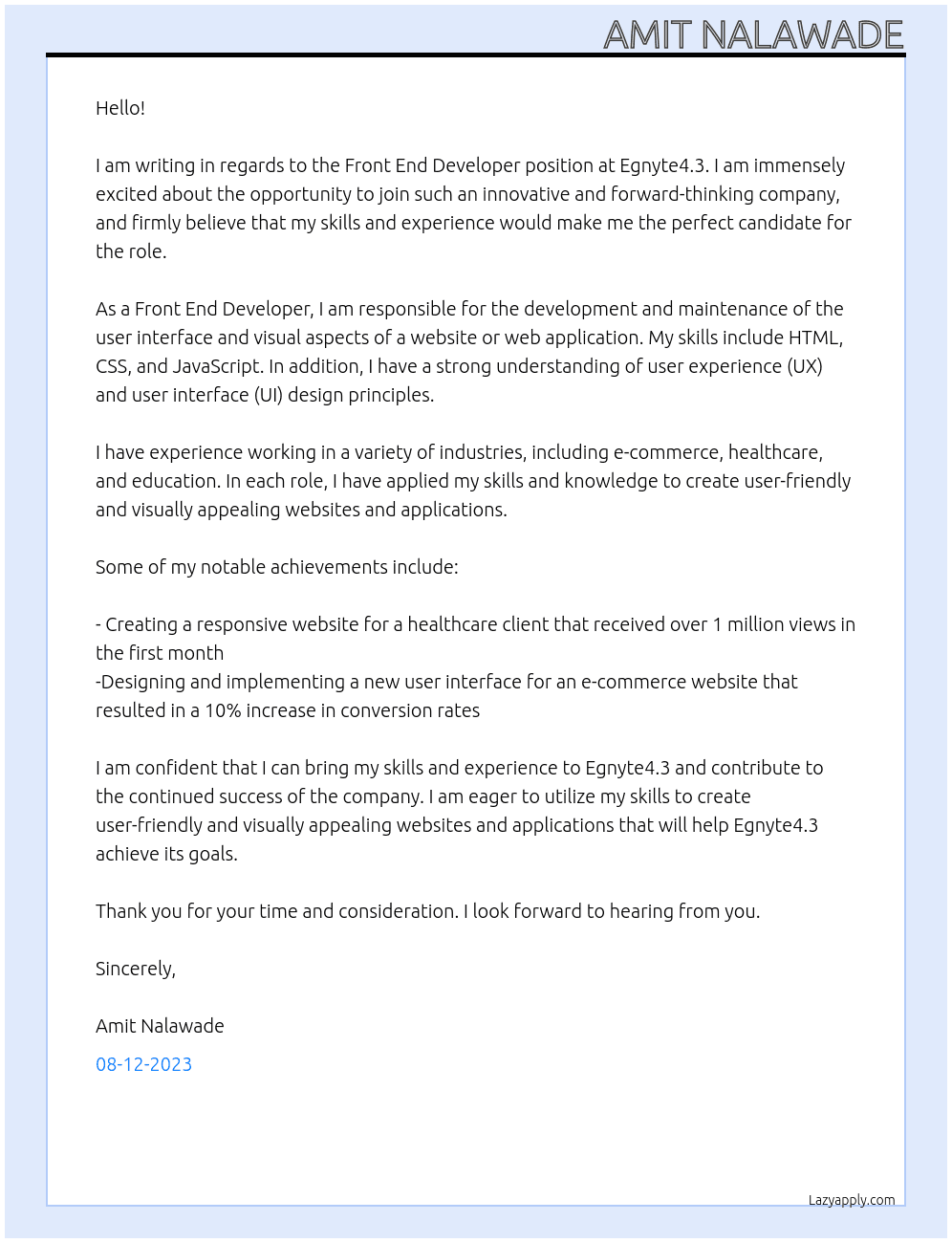 front end developer At Egnyte4.3  Cover Letter