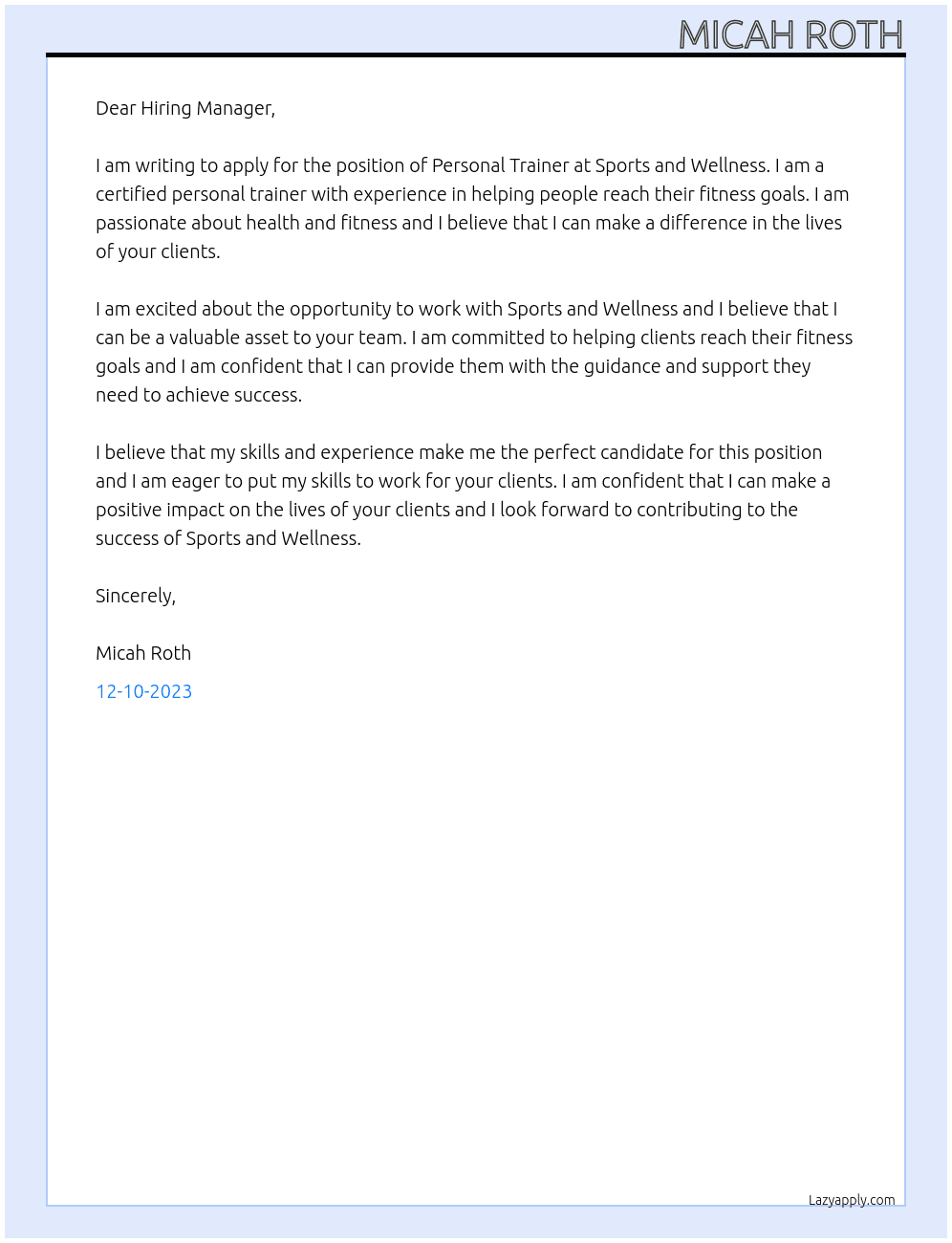 Personal Trainer At Sports and Wellness Cover Letter