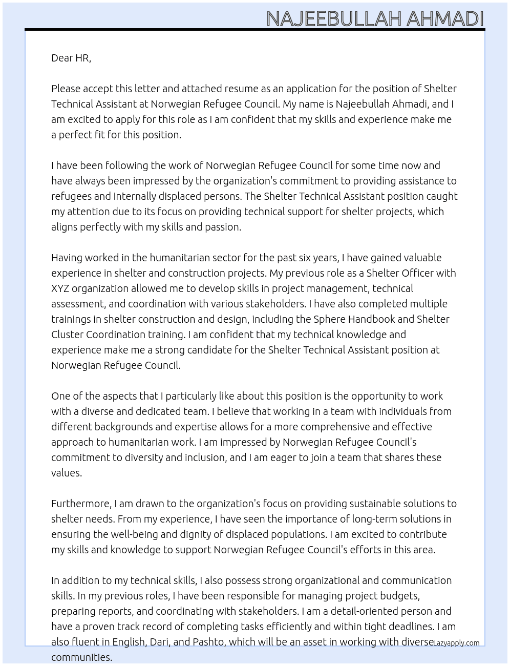 Shelter Technical Assistant  At Norwegian Refugee Council Cover Letter