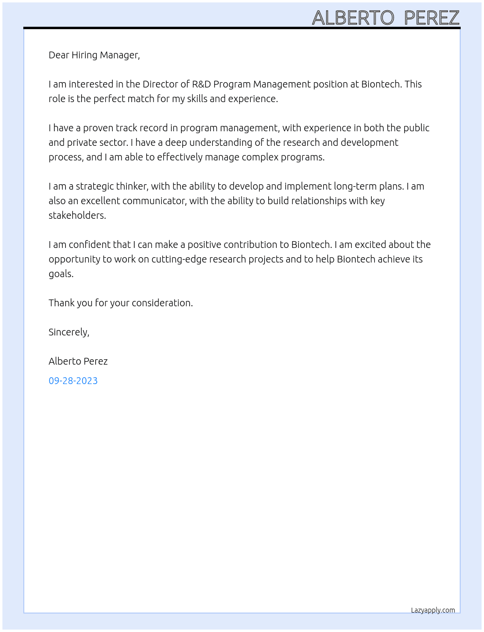 Director* R&D Program Management At Biontech Cover Letter