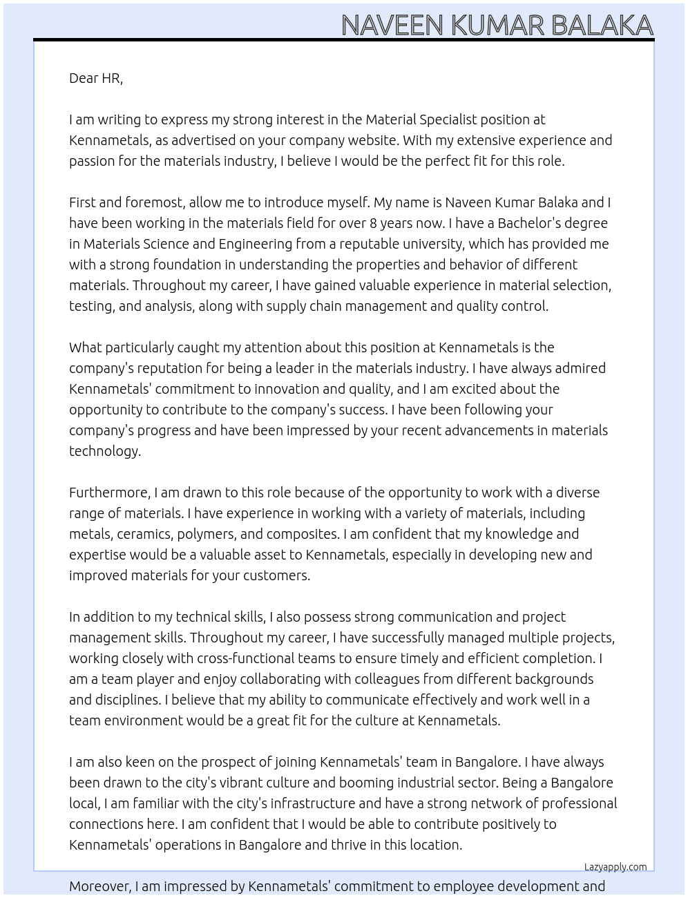 Material speacilest  At Kennametals Cover Letter