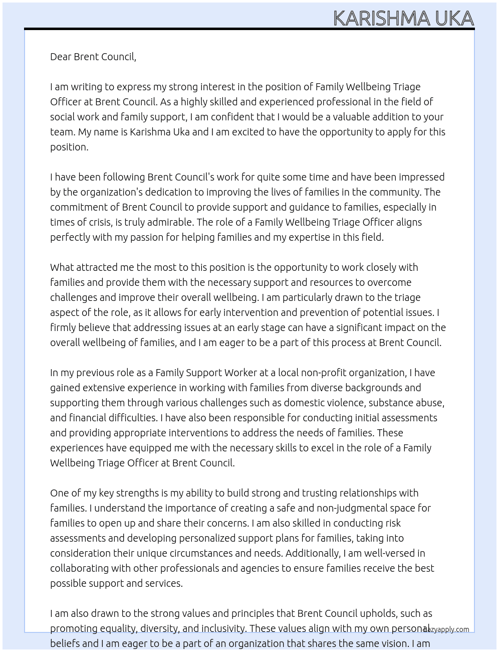 Family Wellbeing Triage Officer At Brent Council Cover Letter