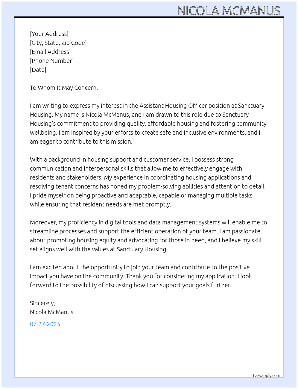 Assistant Housing Officer  At Sanctuary Housing  Cover Letter