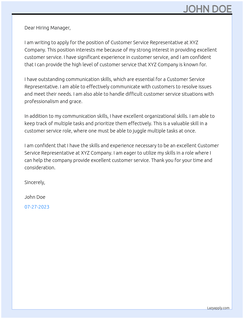 Customer Service Representatitve At XYZ Company  Cover Letter