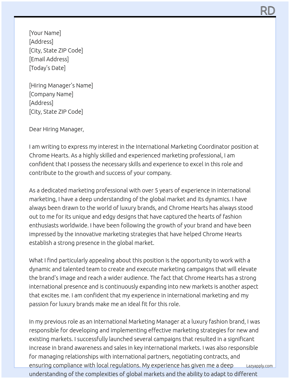 International Marketing Coordinator At Chrome Hearts Cover Letter