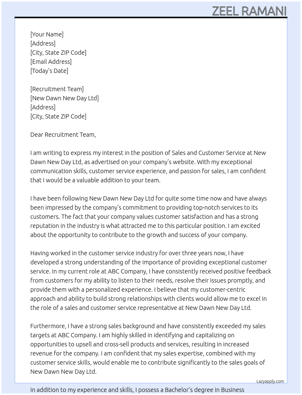 sales and customer service At New dawn new day Ltd Cover Letter