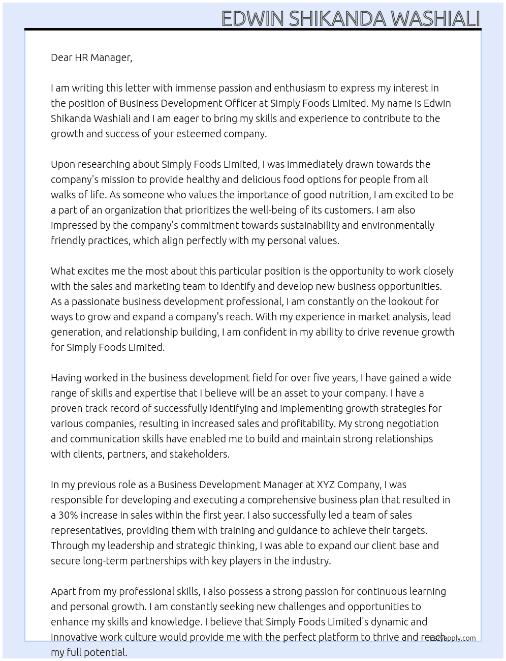 Business Development Officer At Simply Foods Limited Cover Letter