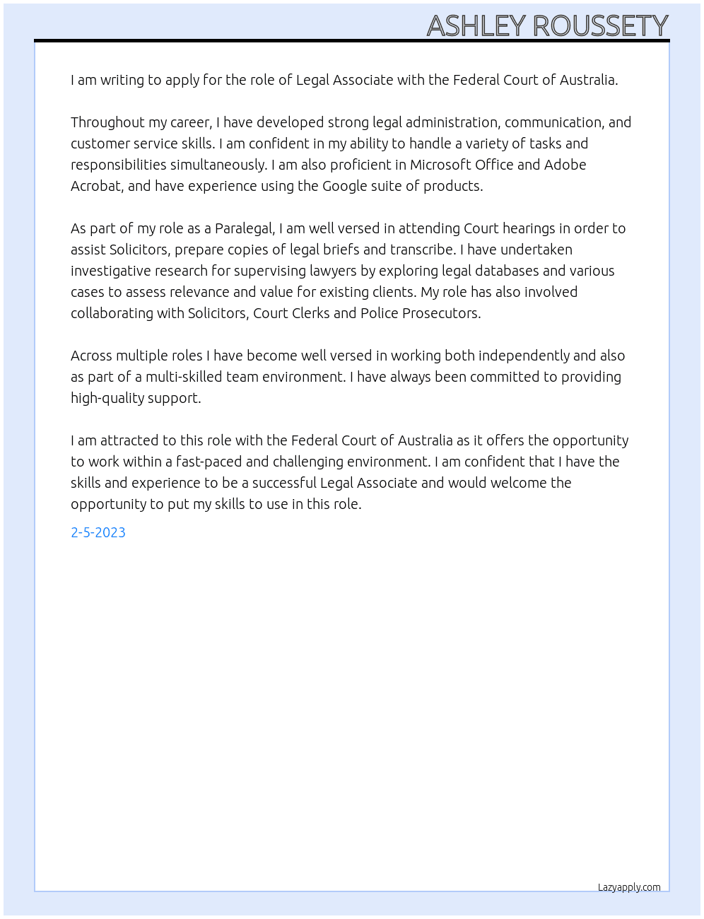 Legal Associate At Federal Court of Australia Cover Letter
