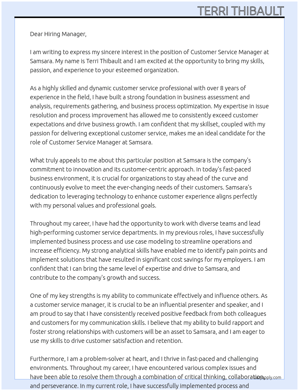 Customer Service Manager At Samsara Cover Letter