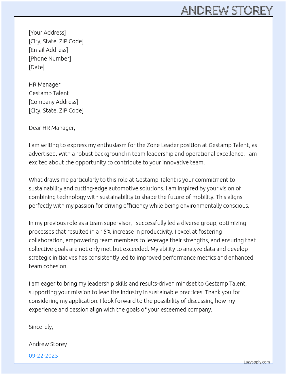 Zone Leader At Gestamp Talent Cover Letter