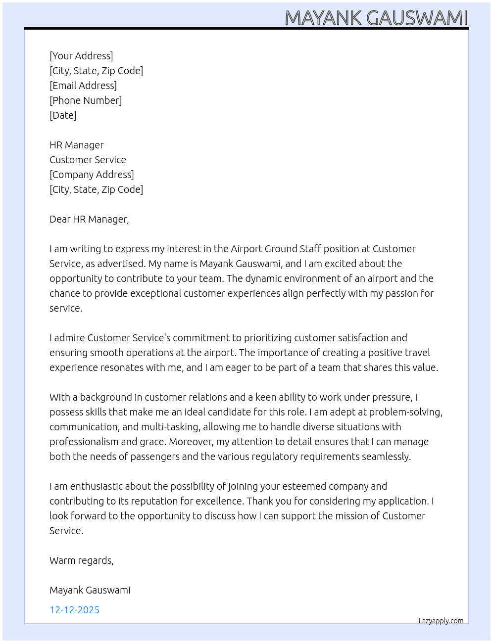 Airport Ground staff  At Customer service  Cover Letter