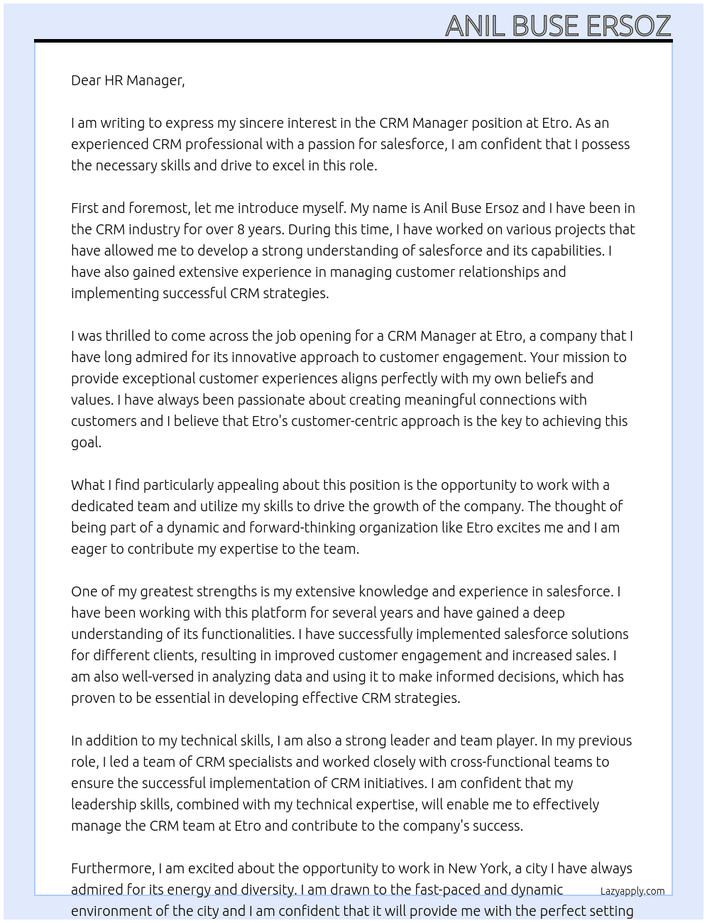 crm manager At Etro Cover Letter
