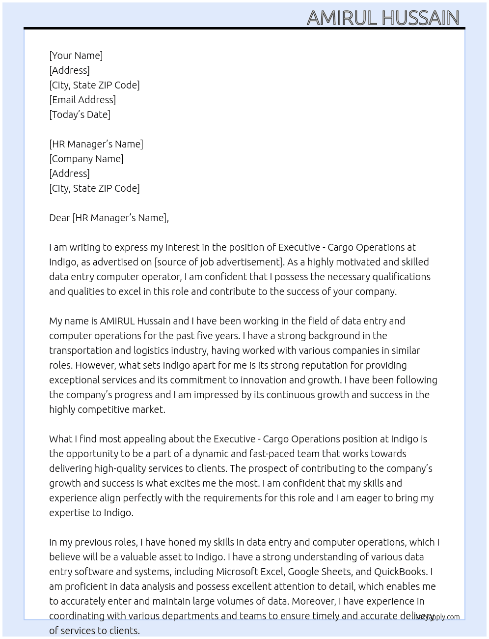 Executive - Cargo Operations At Indigo  Cover Letter