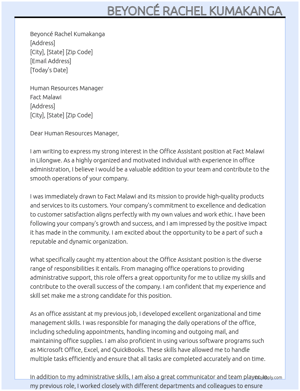 Office assistant At Fact malawi Cover Letter