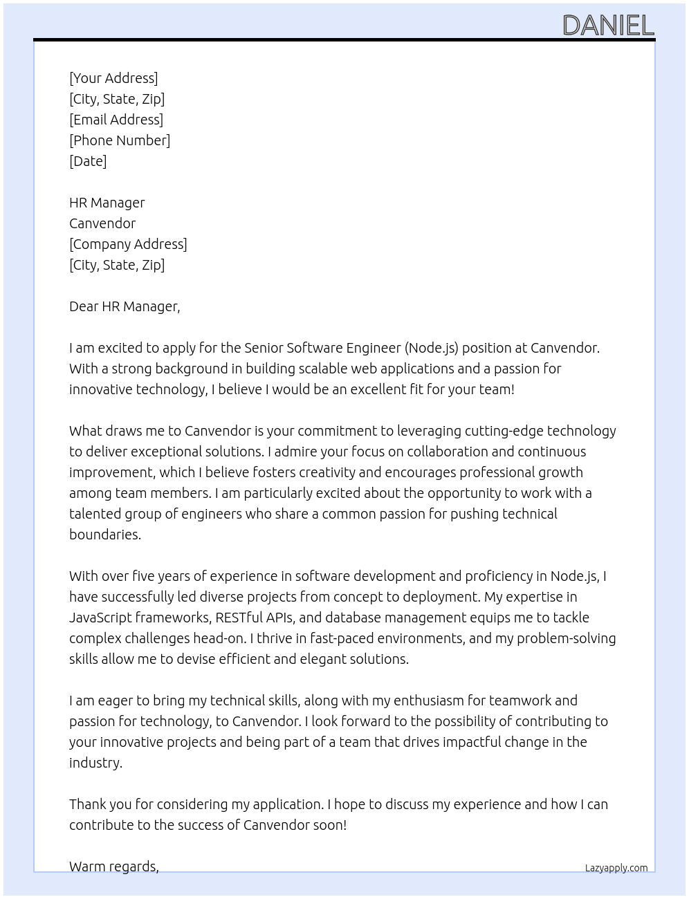 Senior Software Engineer(Node JS)  At Canvendor Cover Letter