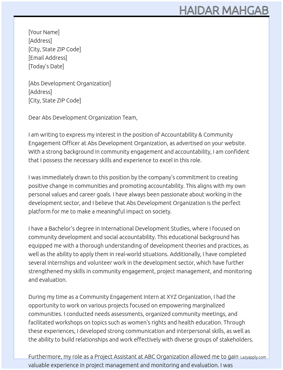 Accountability & Community Engagement & Officer At Abs Development Organization Cover Letter