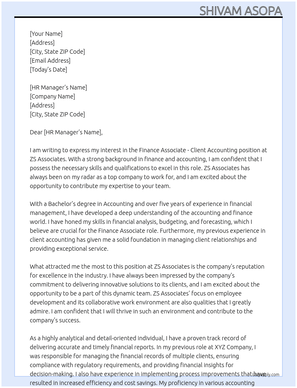 Finance Associate - Client Accounting At ZS Associates Cover Letter