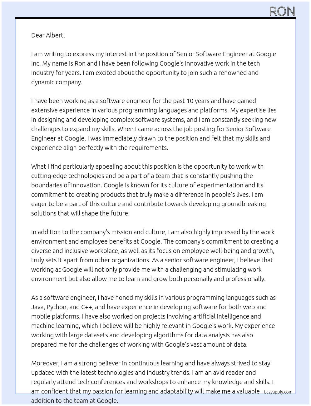 Senior Software Engineer At Google inc Cover Letter